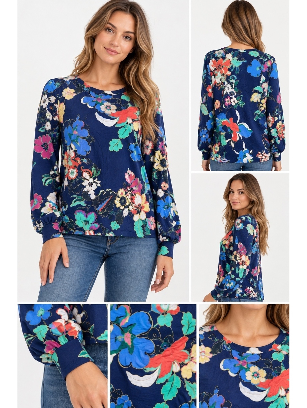 Johnny Was Floral Blouse XL Navy Blue Boho Long Sleeve Top